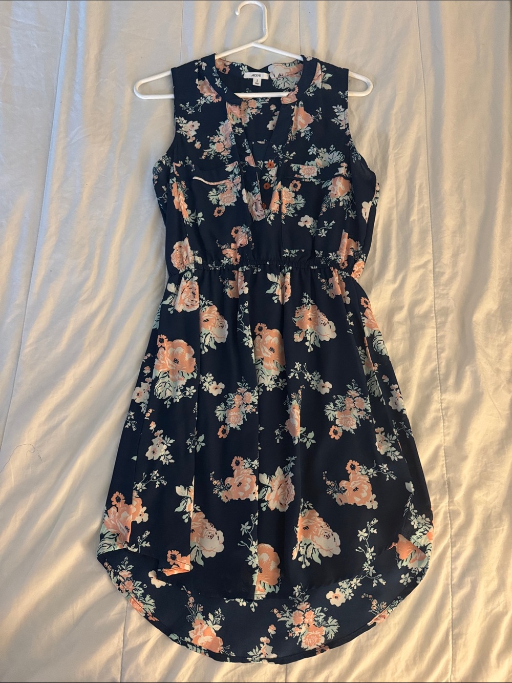 Sleeveless Navy Floral Dress with Peach Blooms